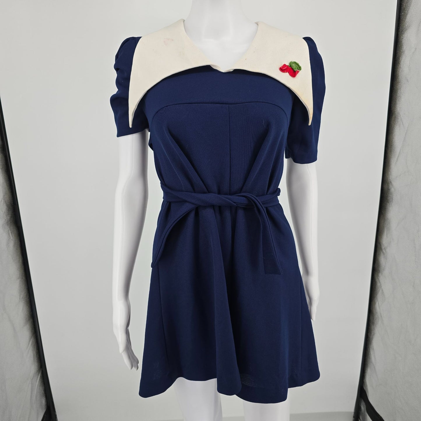 Vintage 1970s Navy Blue/White Cherry Applique Mod Babydoll Mini Dress (Small)