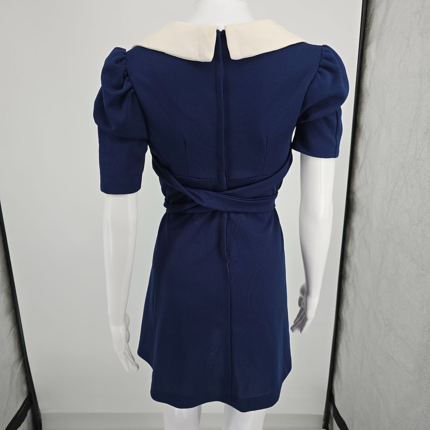 Vintage 1970s Navy Blue/White Cherry Applique Mod Babydoll Mini Dress (Small)