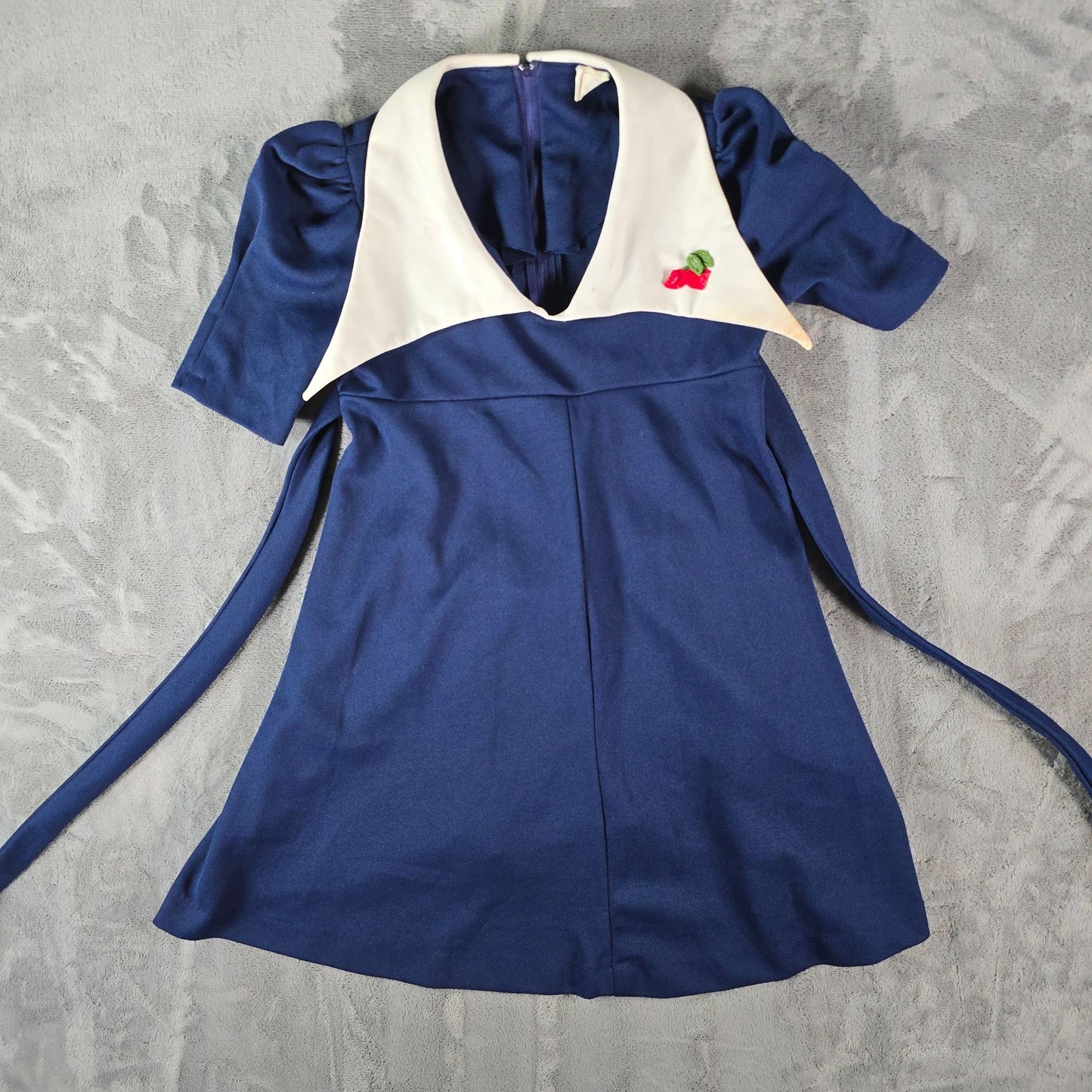 Vintage 1970s Navy Blue/White Cherry Applique Mod Babydoll Mini Dress (Small)