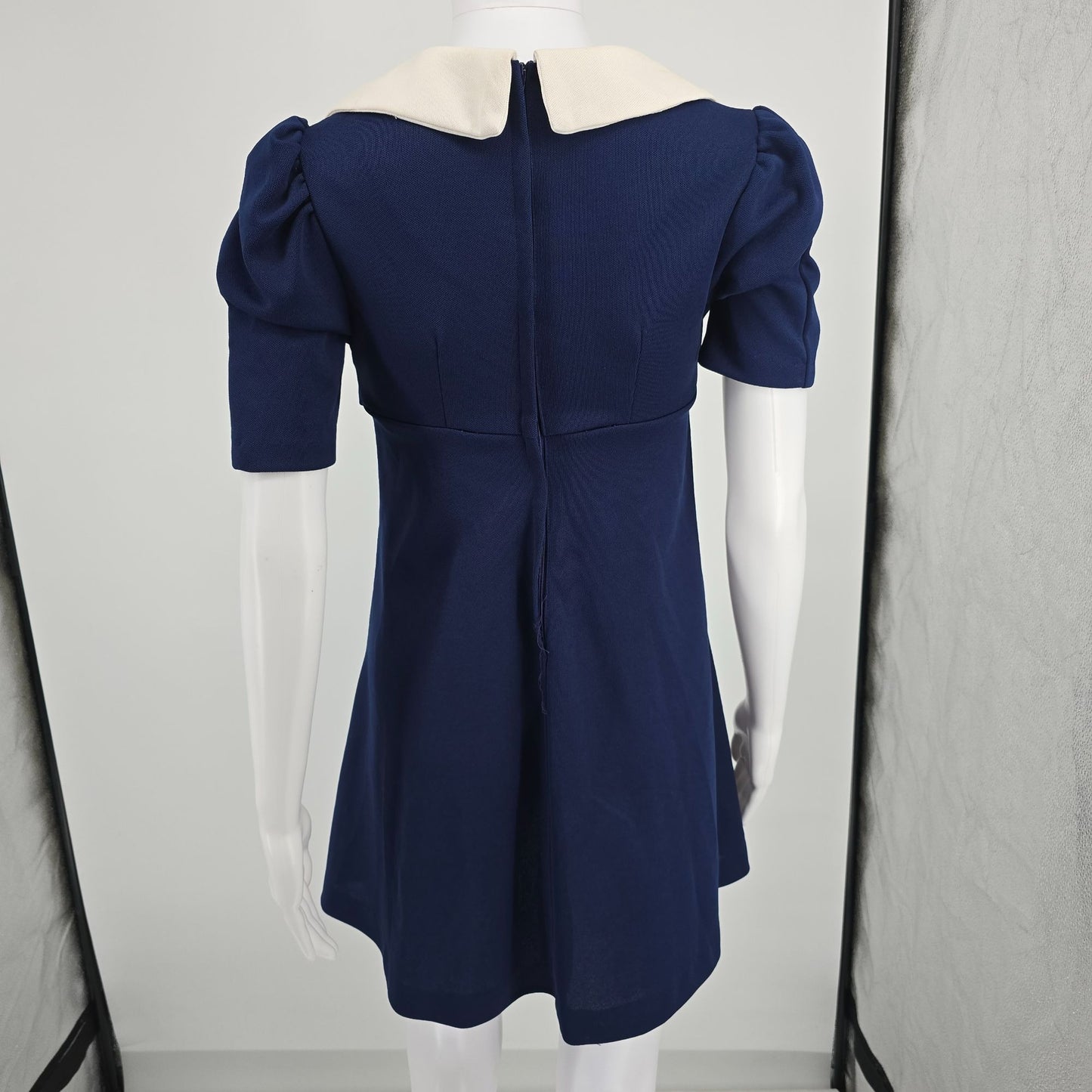 Vintage 1970s Navy Blue/White Cherry Applique Mod Babydoll Mini Dress (Small)