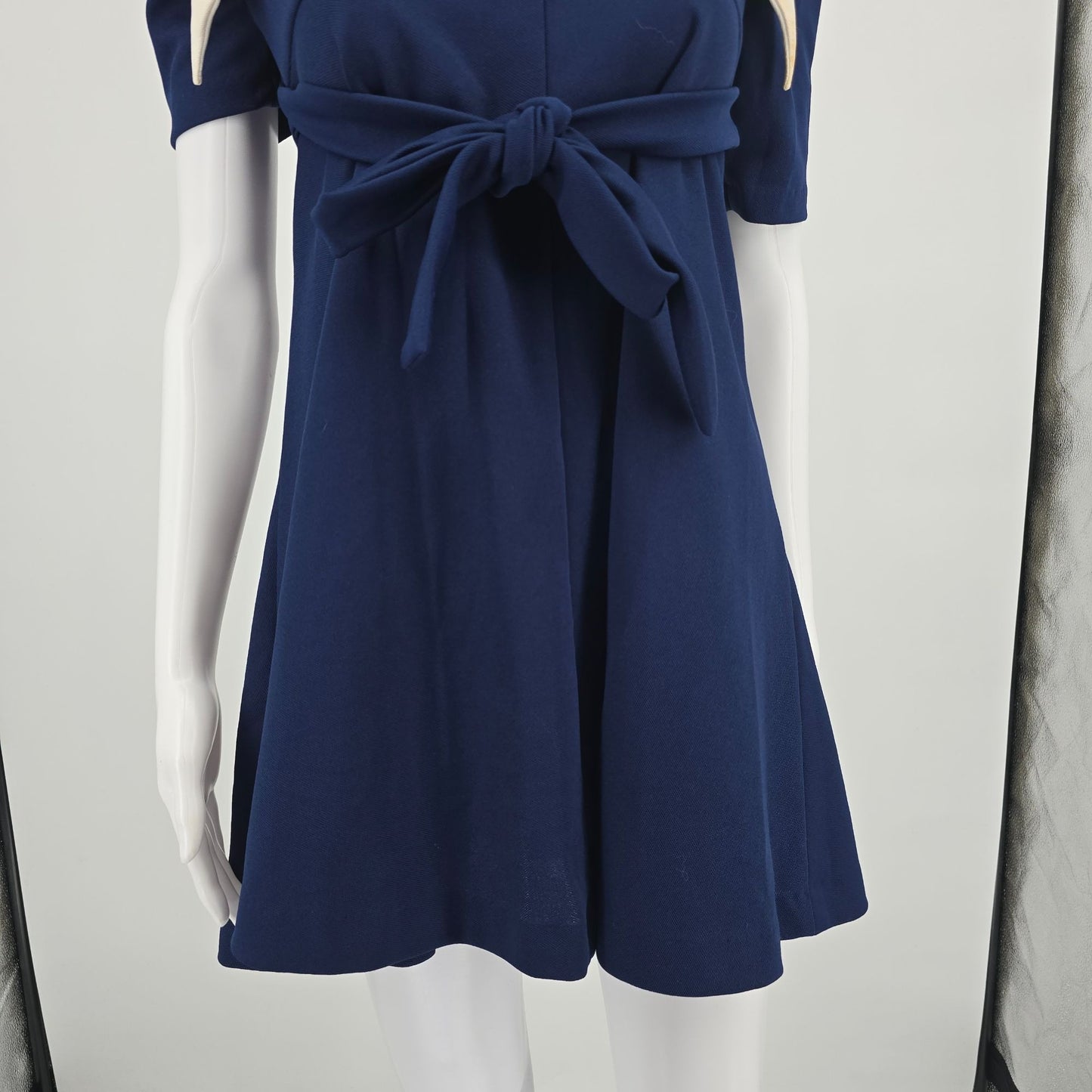 Vintage 1970s Navy Blue/White Cherry Applique Mod Babydoll Mini Dress (Small)