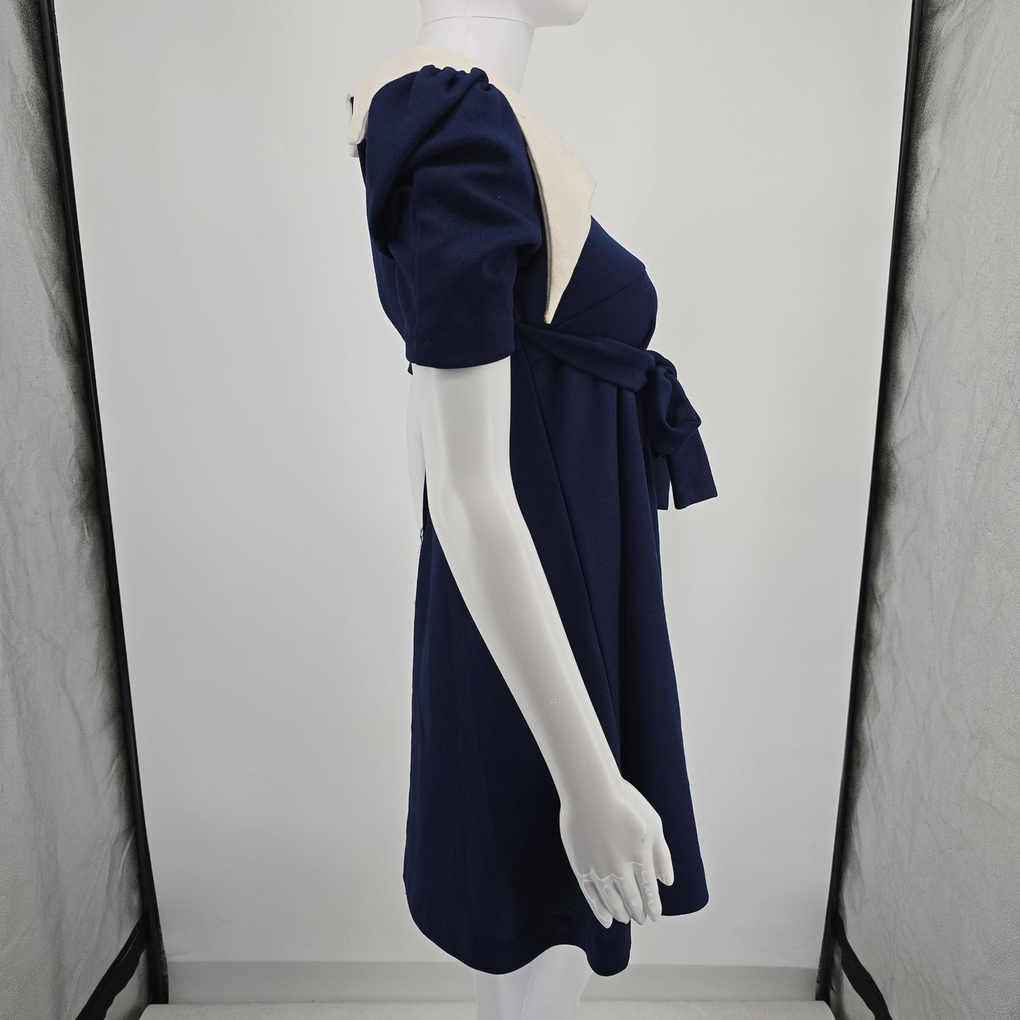 Vintage 1970s Navy Blue/White Cherry Applique Mod Babydoll Mini Dress (Small)