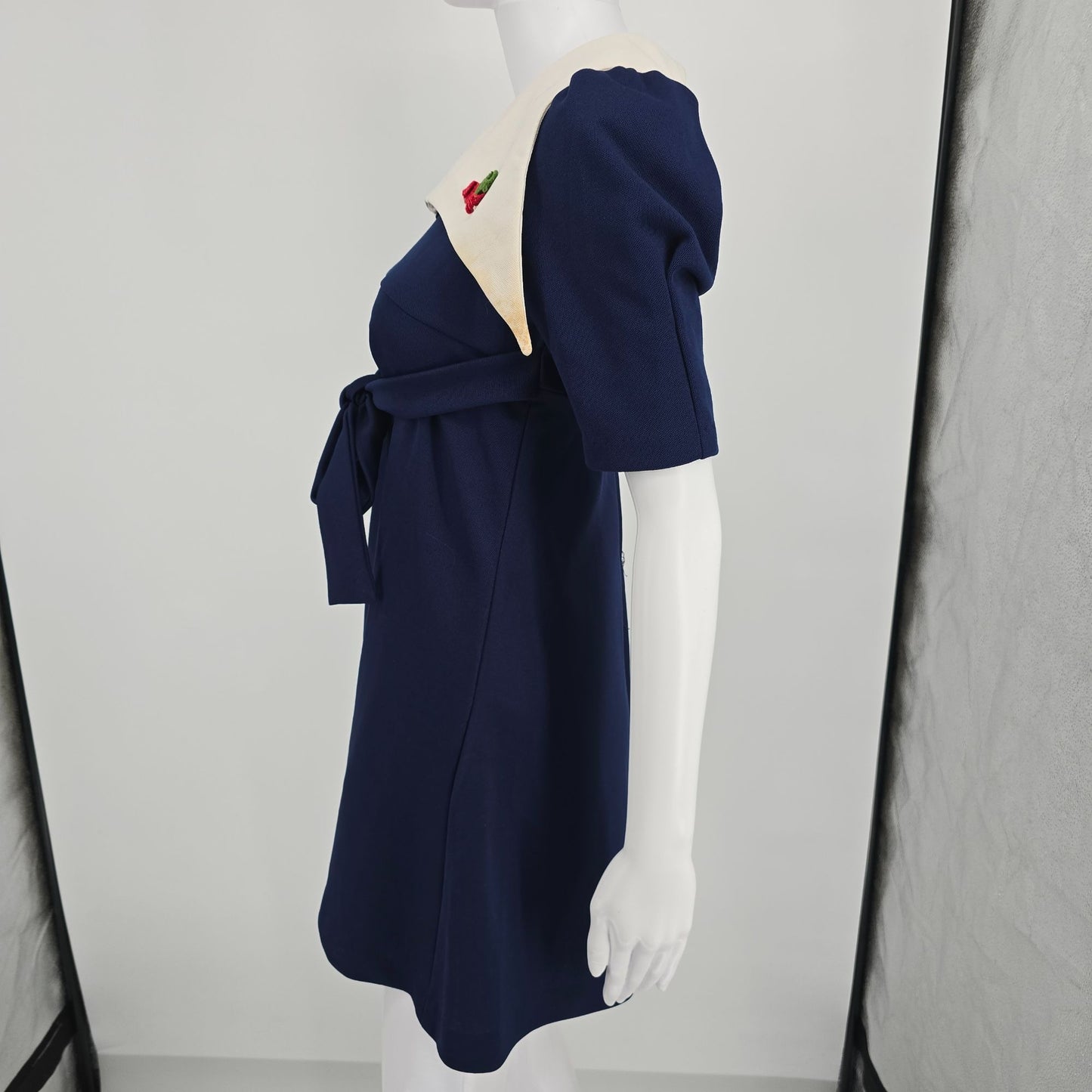 Vintage 1970s Navy Blue/White Cherry Applique Mod Babydoll Mini Dress (Small)