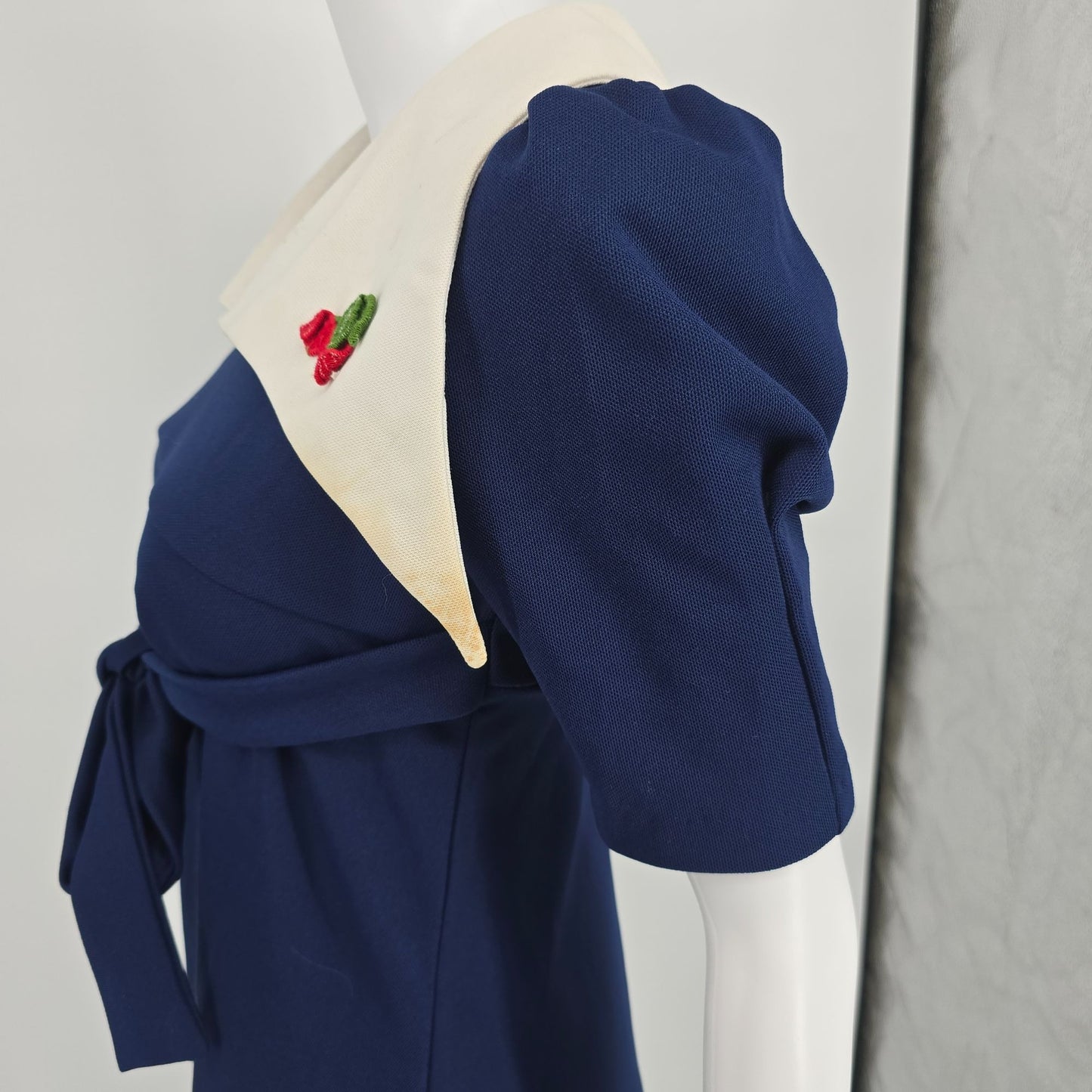 Vintage 1970s Navy Blue/White Cherry Applique Mod Babydoll Mini Dress (Small)