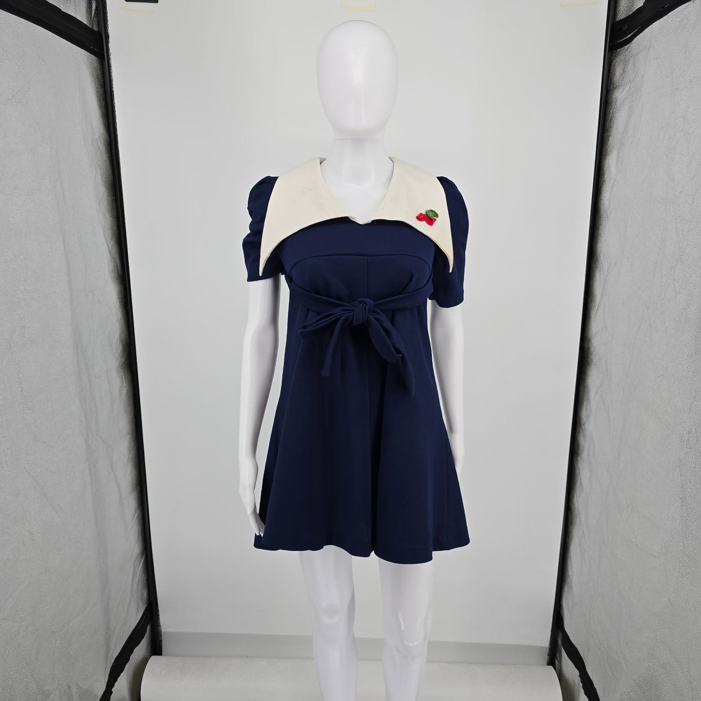 Vintage 1970s Navy Blue/White Cherry Applique Mod Babydoll Mini Dress (Small)