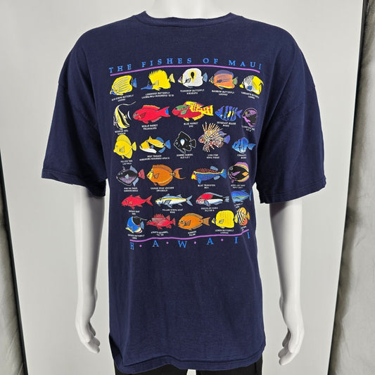 Vintage 1990s Jerzees "The Fishes of Maui Hawaii" Navy Blue T-Shirt (2XL) *Flaw
