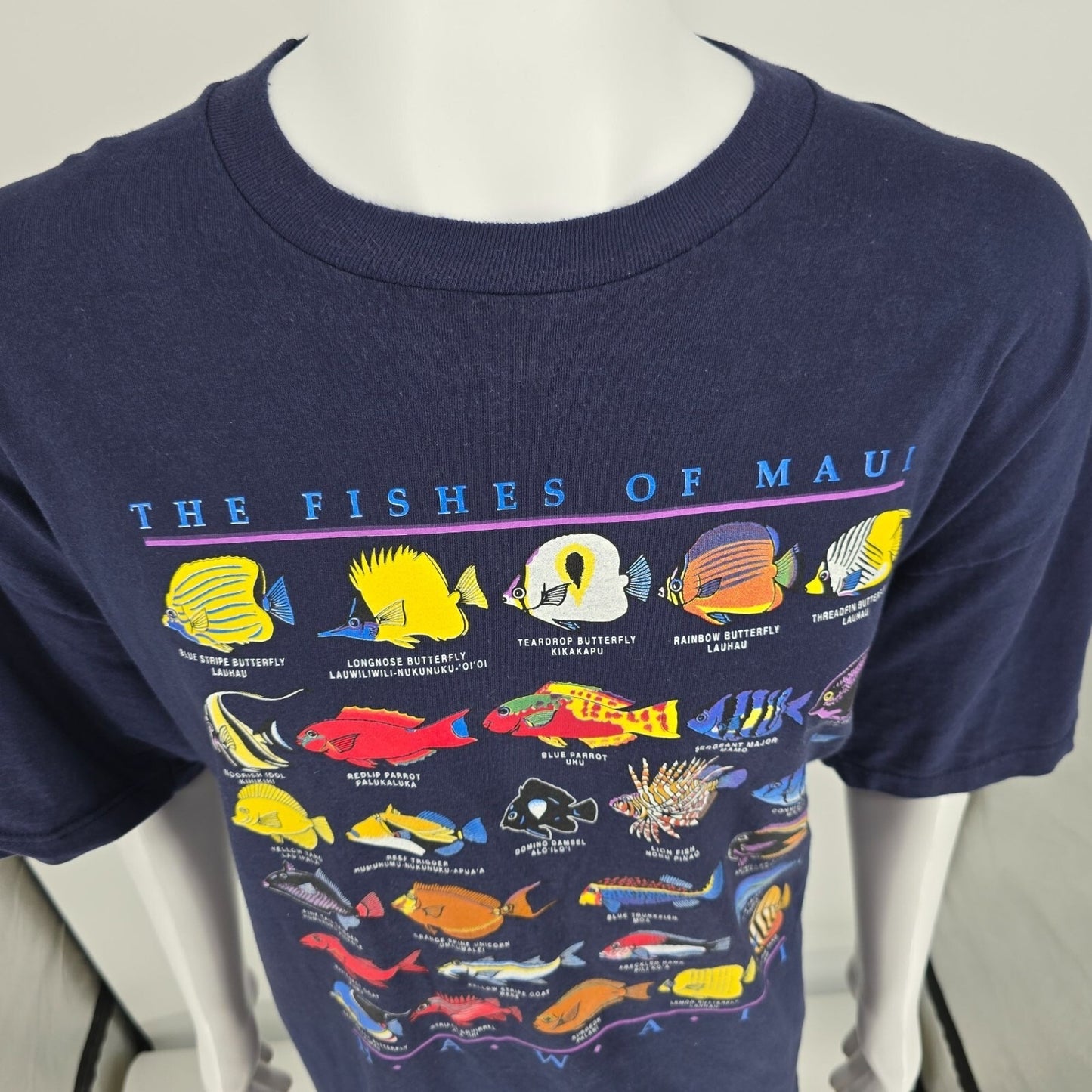 Vintage 1990s Jerzees "The Fishes of Maui Hawaii" Navy Blue T-Shirt (2XL) *Flaw