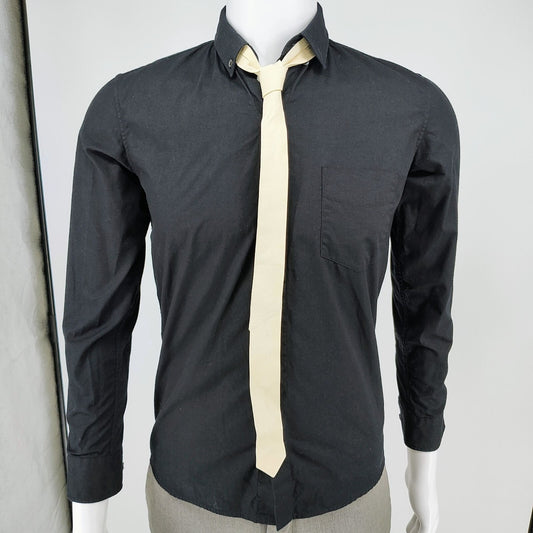 R13 2015 F/W Unisex Luxury Black Button-Down Shirt With Beige Leather Tie (XS)