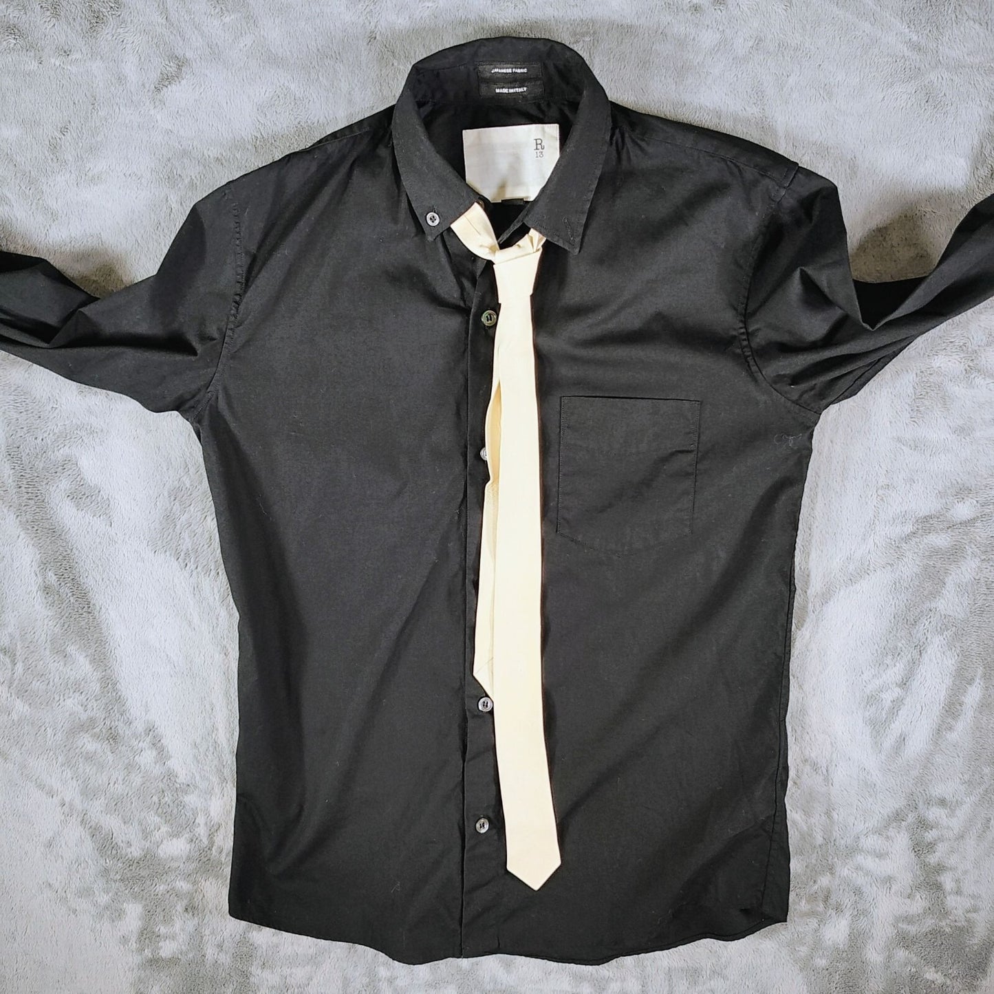 R13 2015 F/W Unisex Luxury Black Button-Down Shirt With Beige Leather Tie (XS)