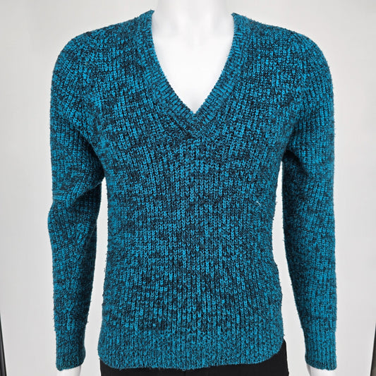 Vintage 1970s Men's Store Teal & Black Marbled V-Neck Acrylic Sweater (S)