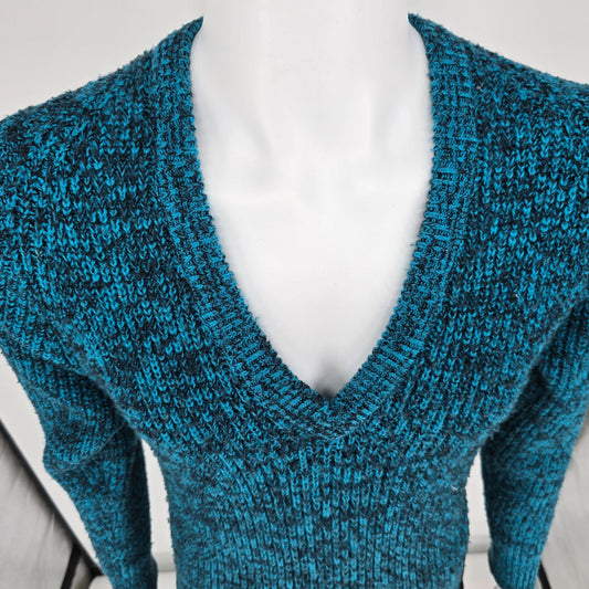 Vintage 1970s Men's Store Teal & Black Marbled V-Neck Acrylic Sweater (S)