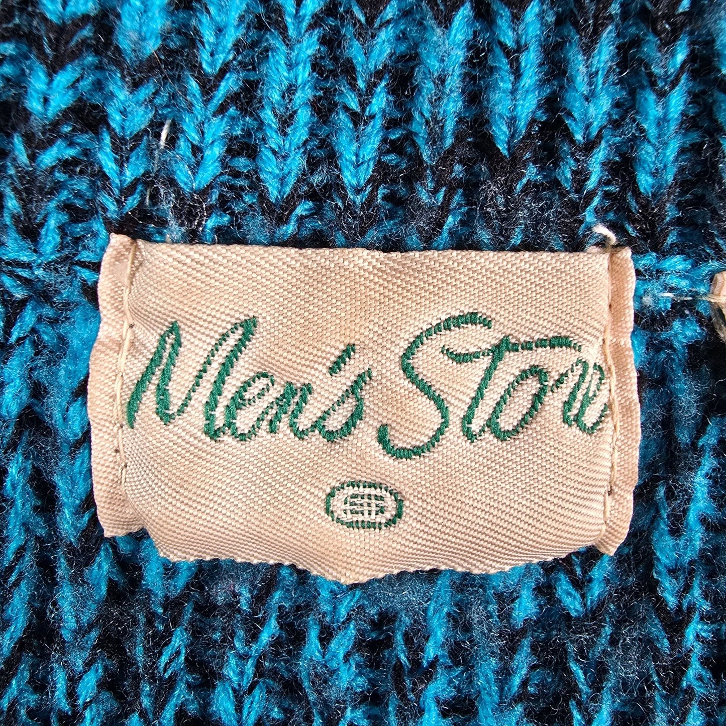 Vintage 1970s Men's Store Teal & Black Marbled V-Neck Acrylic Sweater (S)
