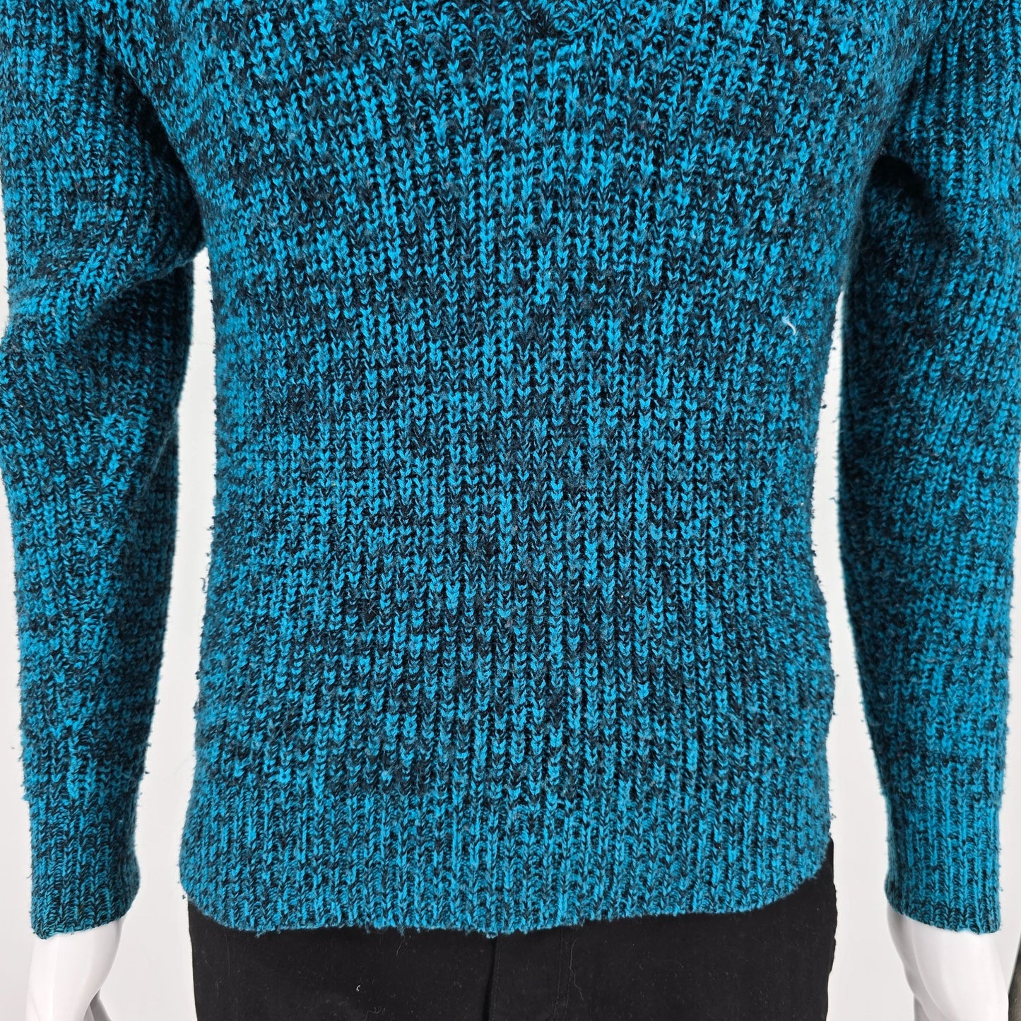 Vintage 1970s Men's Store Teal & Black Marbled V-Neck Acrylic Sweater (S)