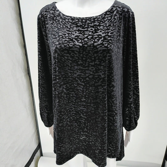 NWT Rafaella Black Velvet Animal Print Long Sleeve Stretch Tunic Top (XL)