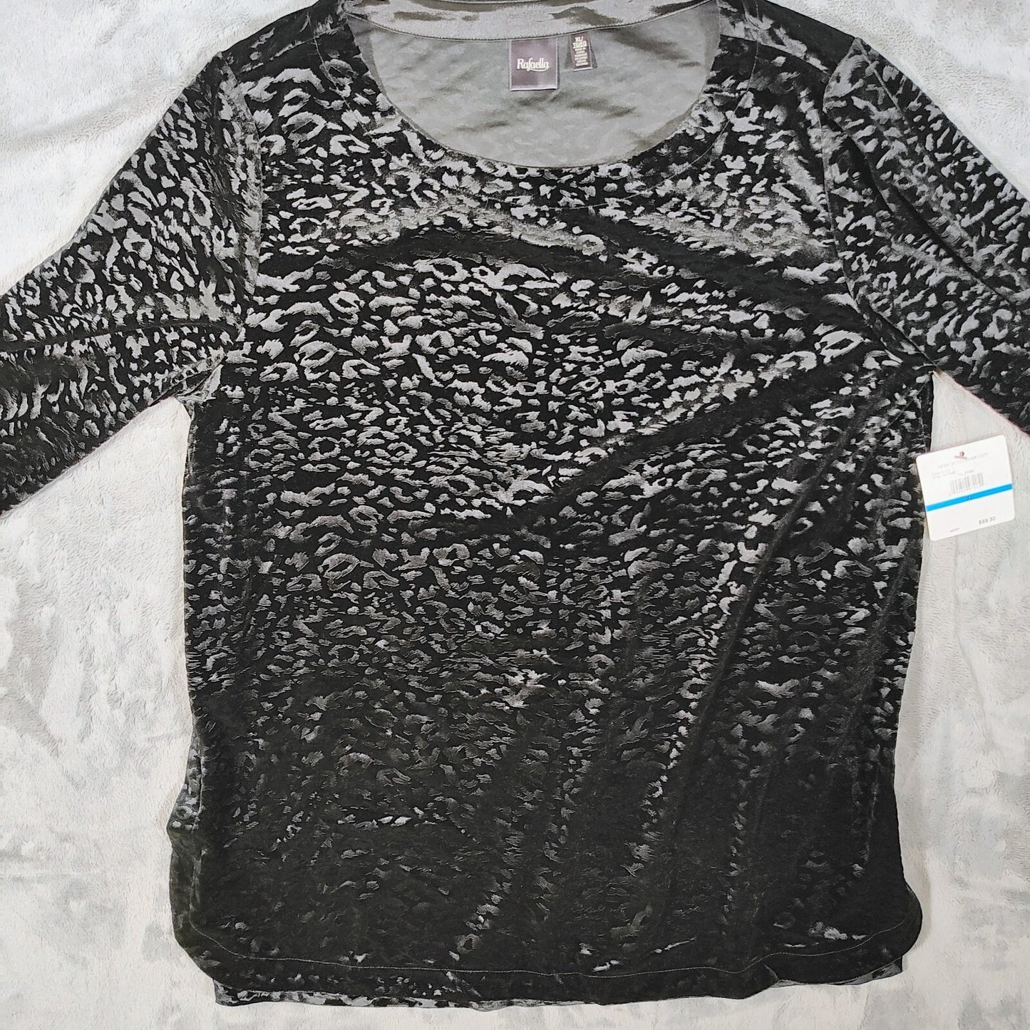 NWT Rafaella Black Velvet Animal Print Long Sleeve Stretch Tunic Top (XL)