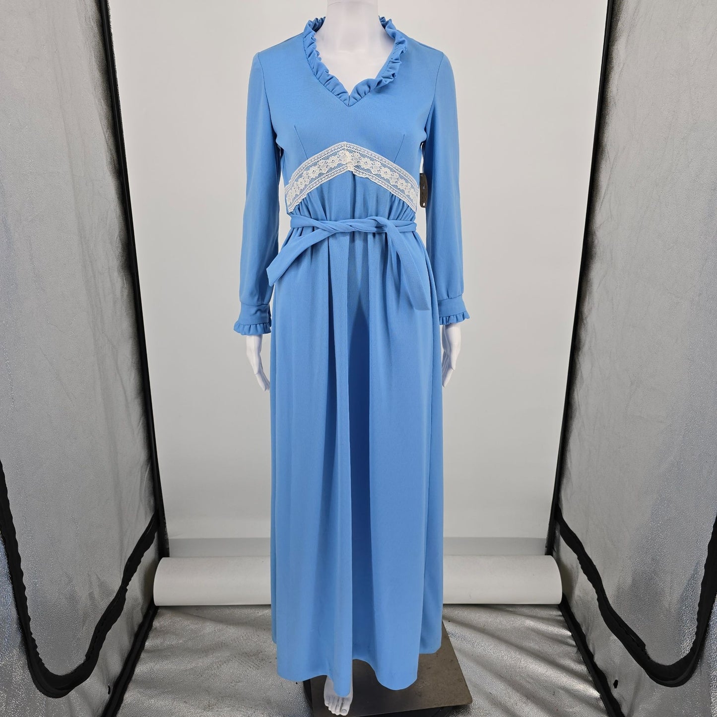 Vintage 1970s Blue Ruffle Neck Empire Waist Belted Maxi Dress (6/S)