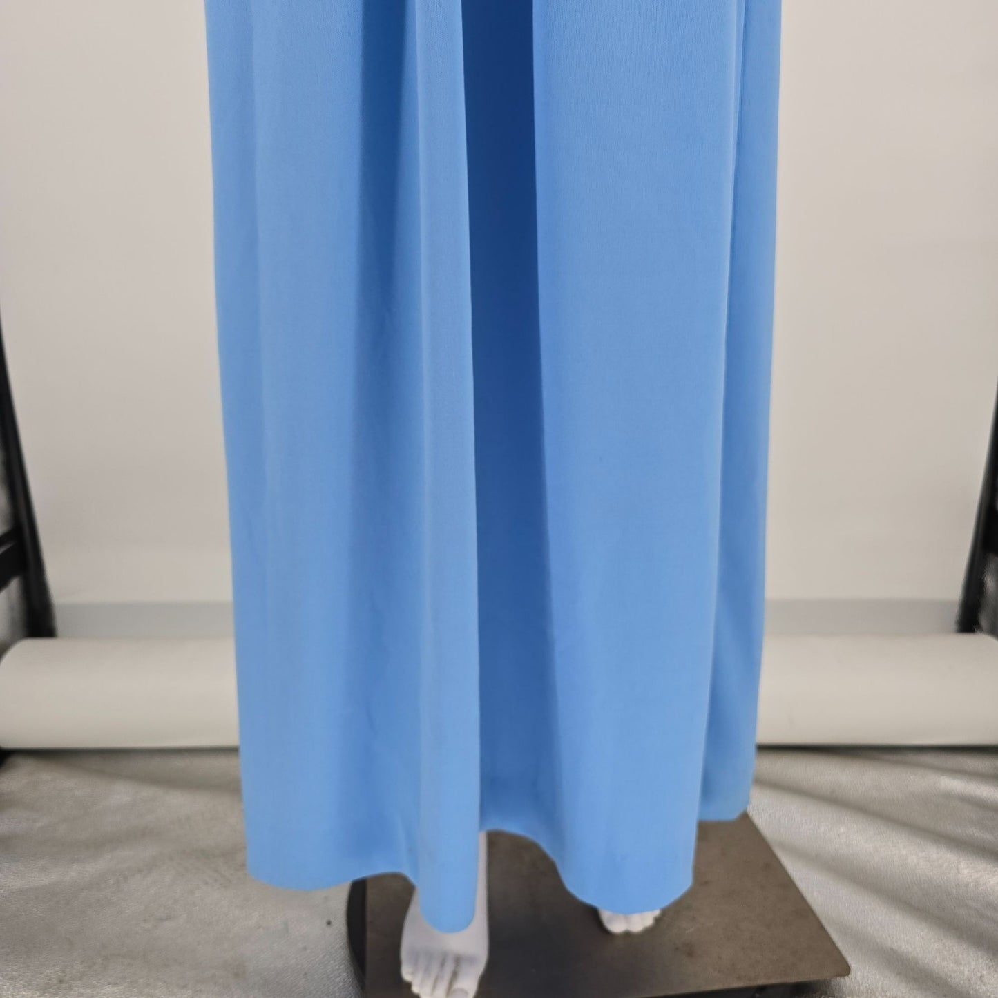 Vintage 1970s Blue Ruffle Neck Empire Waist Belted Maxi Dress (6/S)