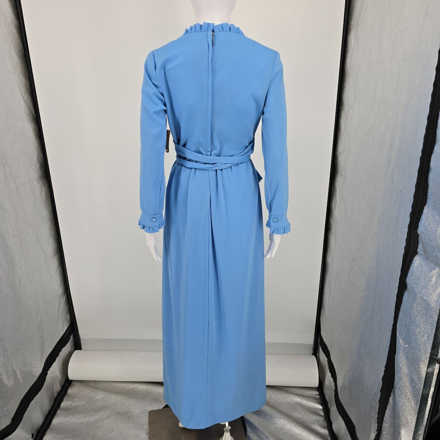 Vintage 1970s Blue Ruffle Neck Empire Waist Belted Maxi Dress (6/S)
