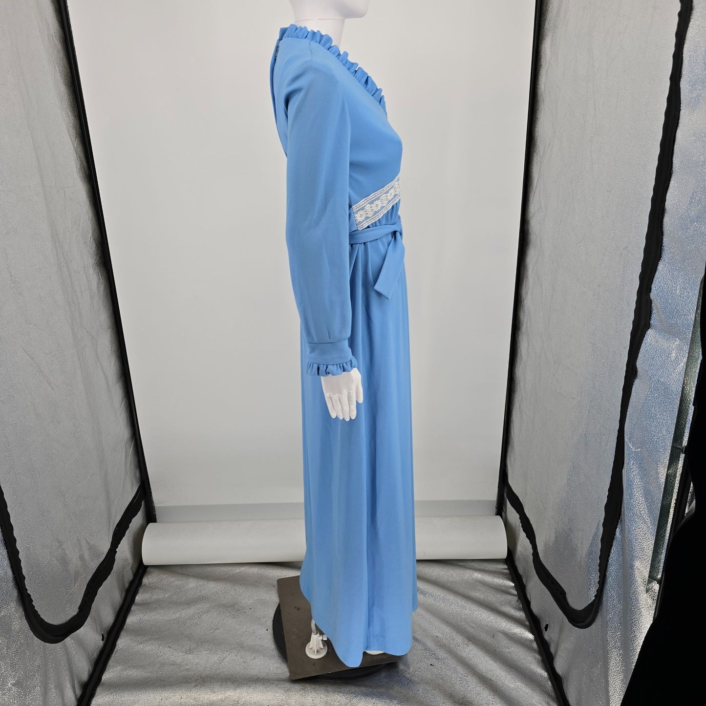 Vintage 1970s Blue Ruffle Neck Empire Waist Belted Maxi Dress (6/S)