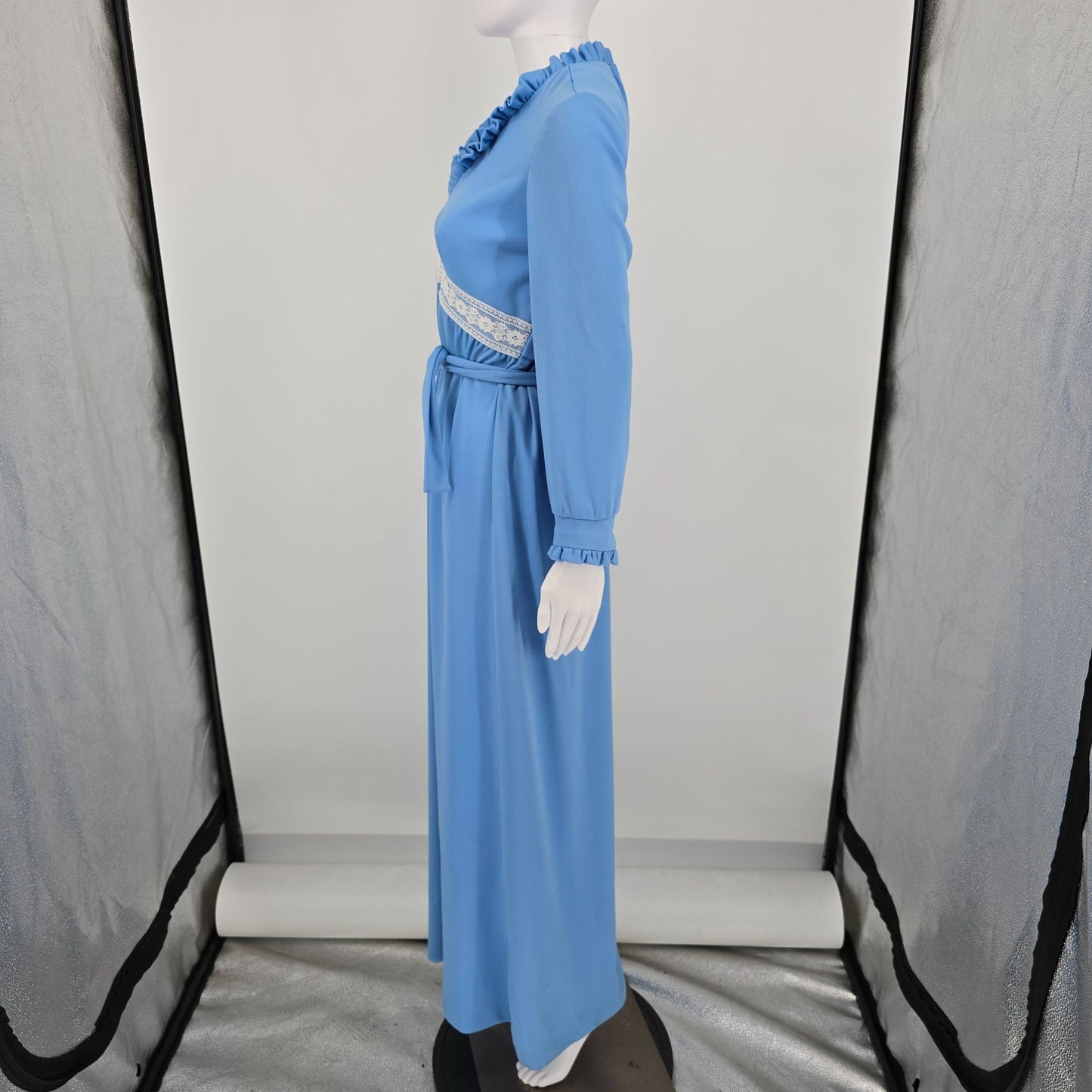 Vintage 1970s Blue Ruffle Neck Empire Waist Belted Maxi Dress (6/S)