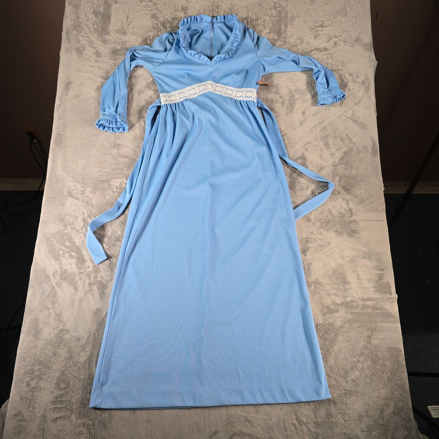 Vintage 1970s Blue Ruffle Neck Empire Waist Belted Maxi Dress (6/S)