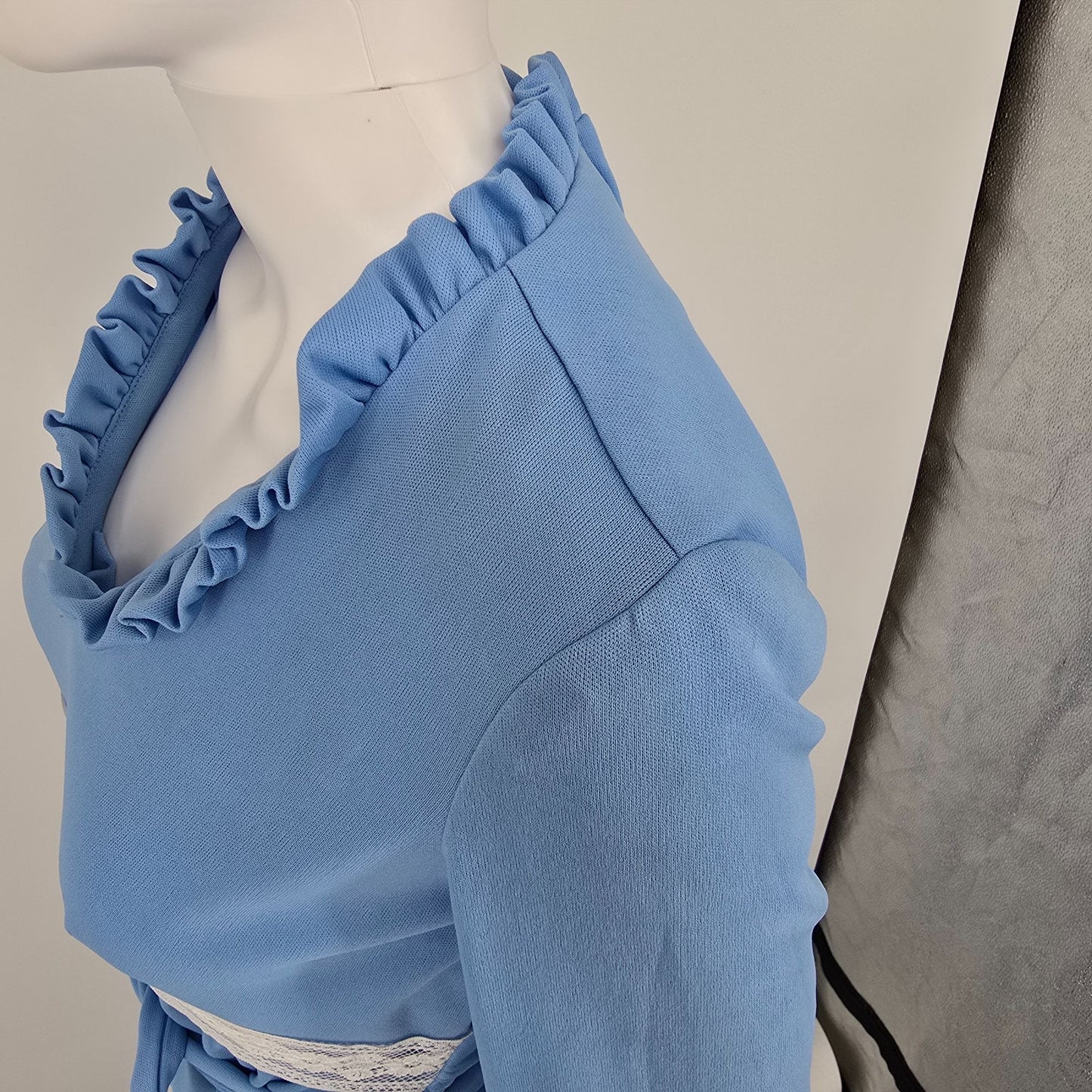 Vintage 1970s Blue Ruffle Neck Empire Waist Belted Maxi Dress (6/S)