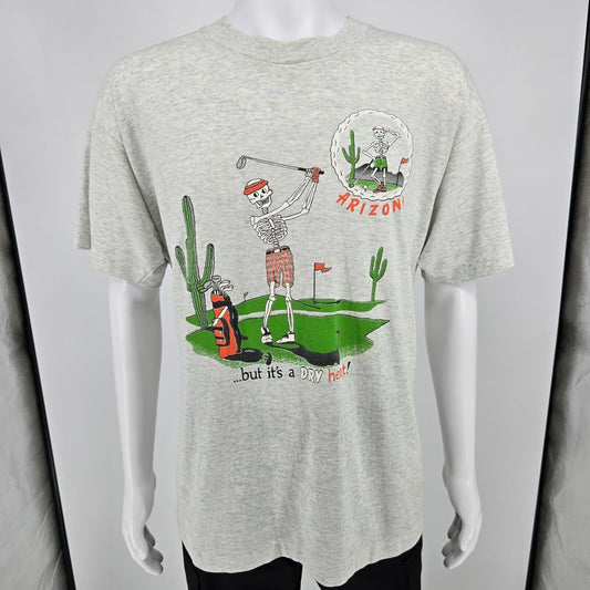 Vintage 1990s Arizona Skeleton Golfer Vintage Tourist Novelty T-Shirt (XL)