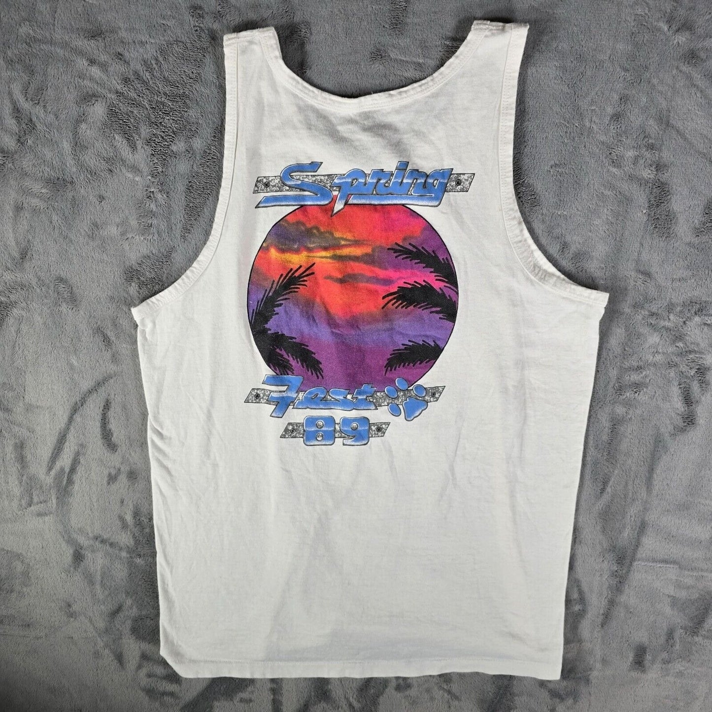 Vintage 1989 Anvil "Spring Break 89" White Sunset Graphic Tank Top (Medium)