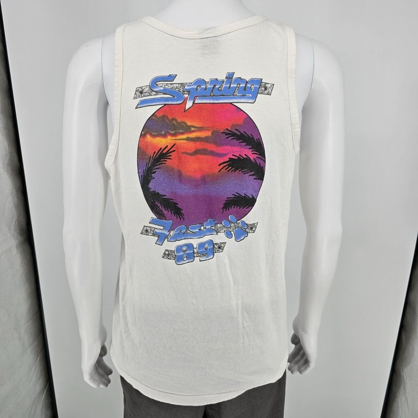Vintage 1989 Anvil "Spring Break 89" White Sunset Graphic Tank Top (Medium)