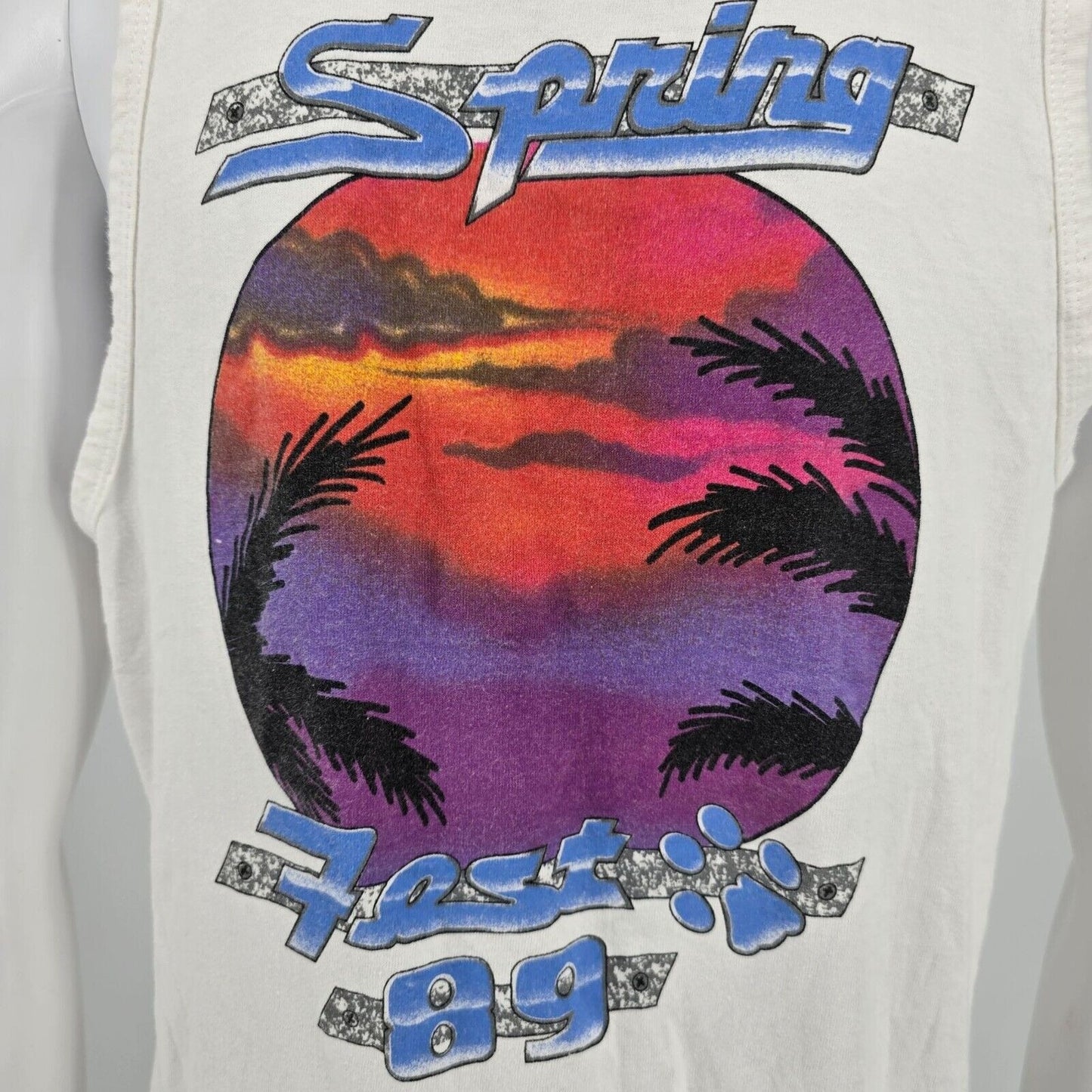Vintage 1989 Anvil "Spring Break 89" White Sunset Graphic Tank Top (Medium)