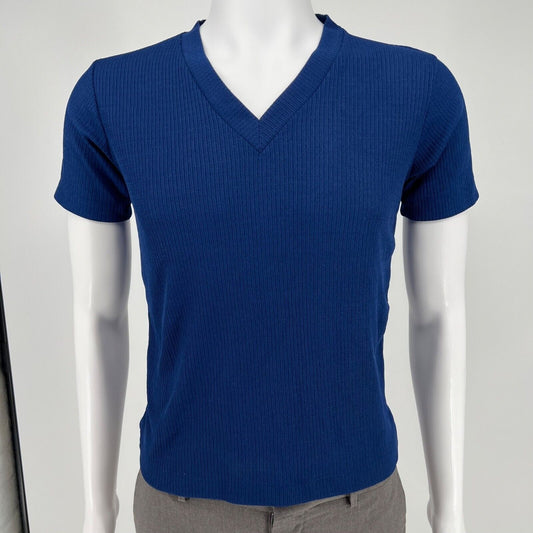 Vintage 1980s Blue Sears Made in Singapore Polyester Ribbed V-Neck Shirt (S)