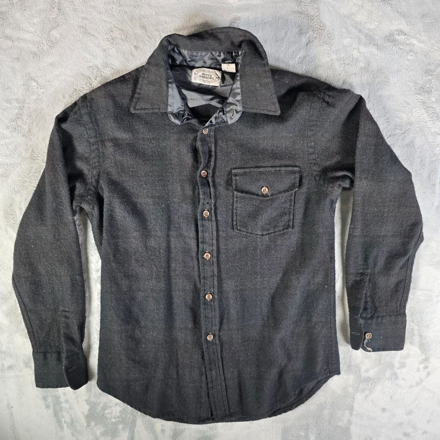 Vintage 1980s Peter Hankins Faded Black Wool Blend Button-Up Flannel Shirt (M)