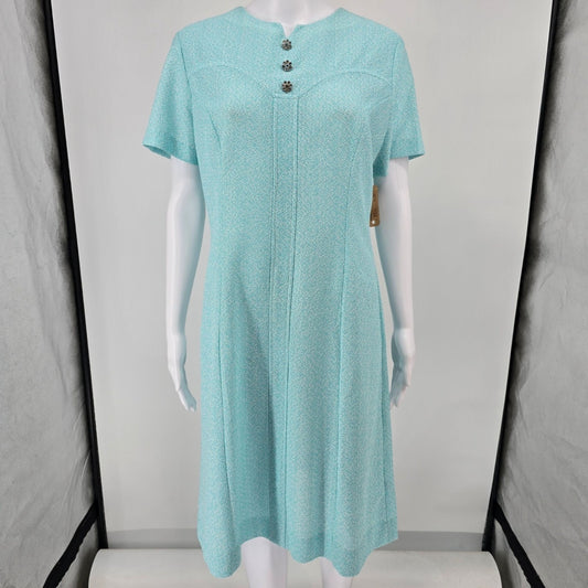 Vintage 1960s Turquoise Textured Knit Short Sleeve A-Line Mod Dress (Size L)
