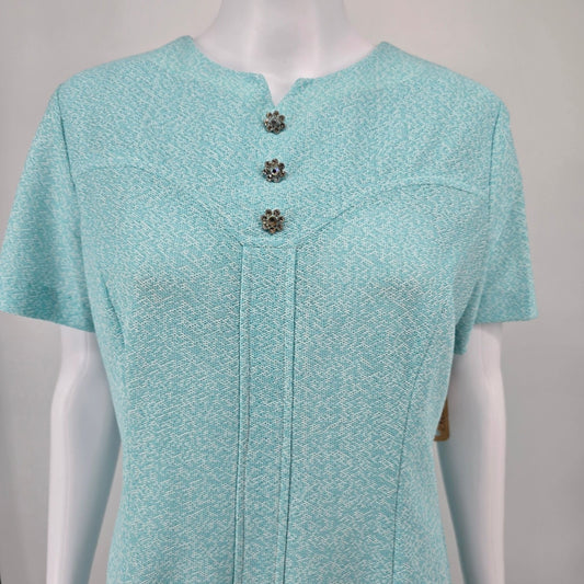 Vintage 1960s Turquoise Textured Knit Short Sleeve A-Line Mod Dress (Size L)