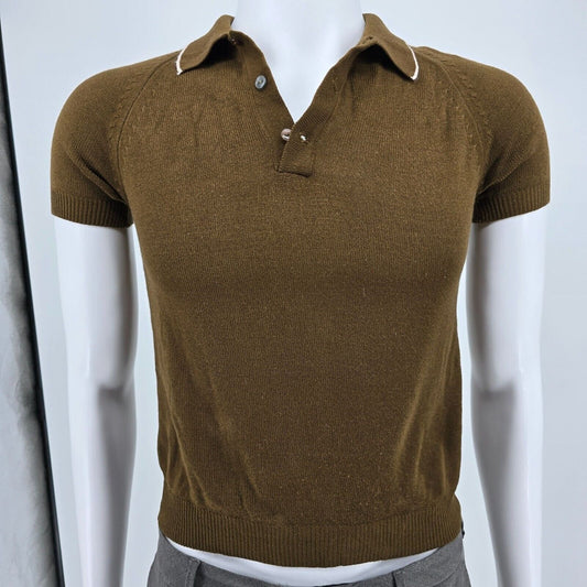 Vintage 1960s Mod Brown Knit Short Sleeve Contrast Trim Polo Shirt (XXS)
