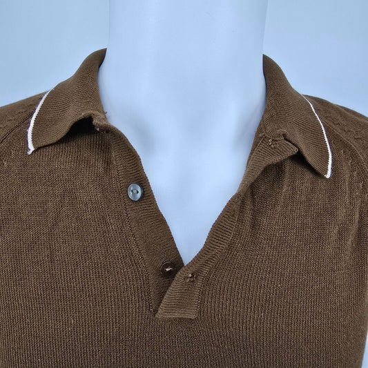 Vintage 1960s Mod Brown Knit Short Sleeve Contrast Trim Polo Shirt (XXS)
