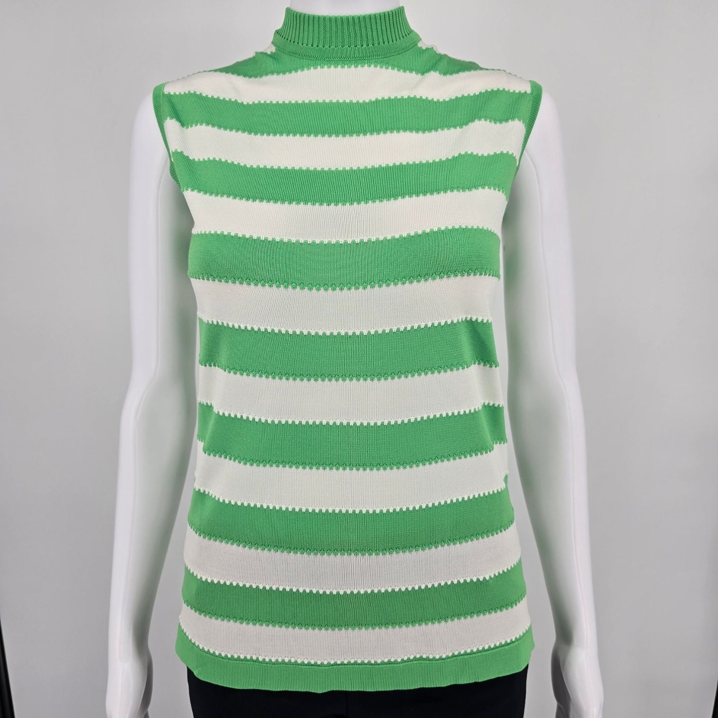 Vintage 1960s Hooper Associates Knit Green/White Striped Sleeveless Shell (S)