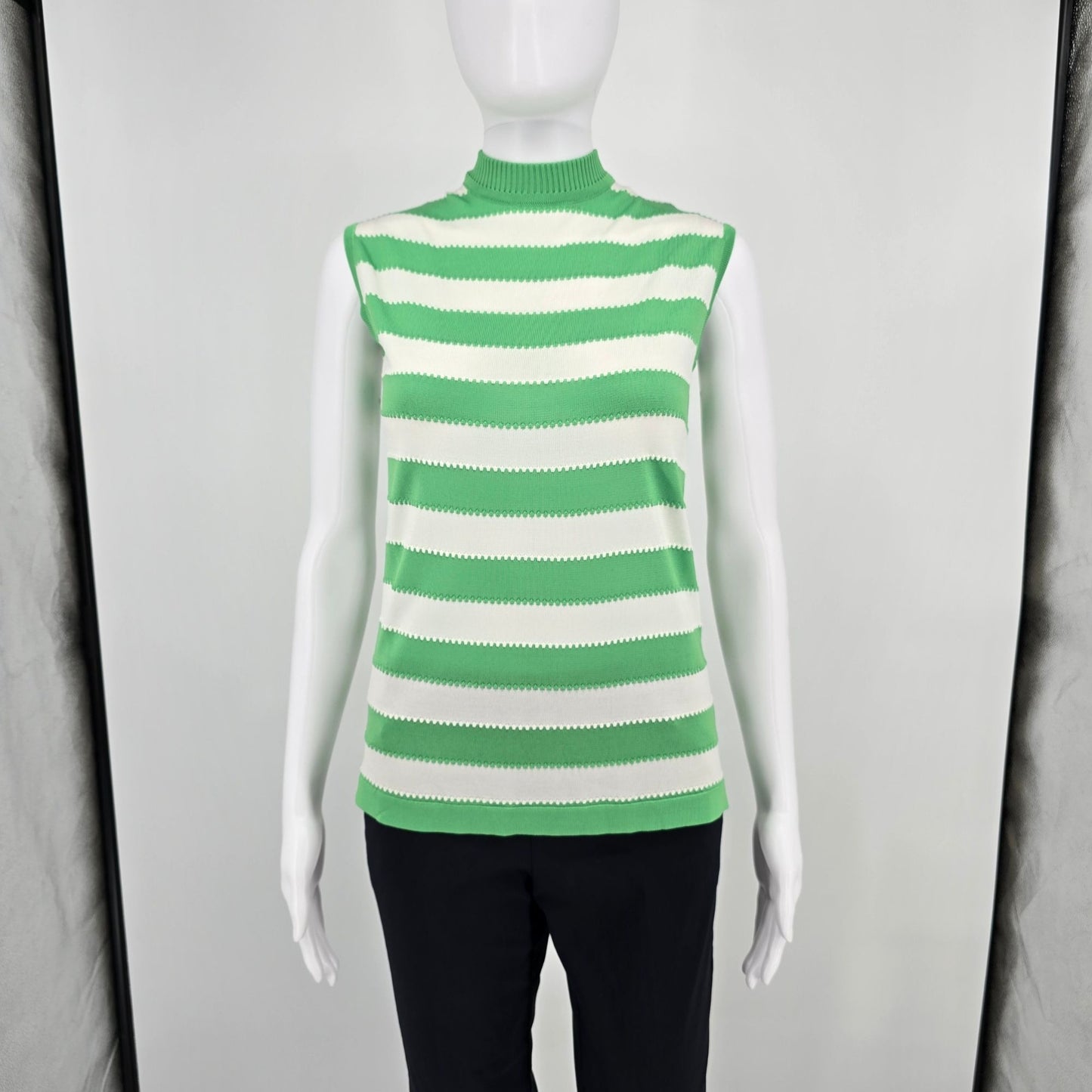 Vintage 1960s Hooper Associates Knit Green/White Striped Sleeveless Shell (S)