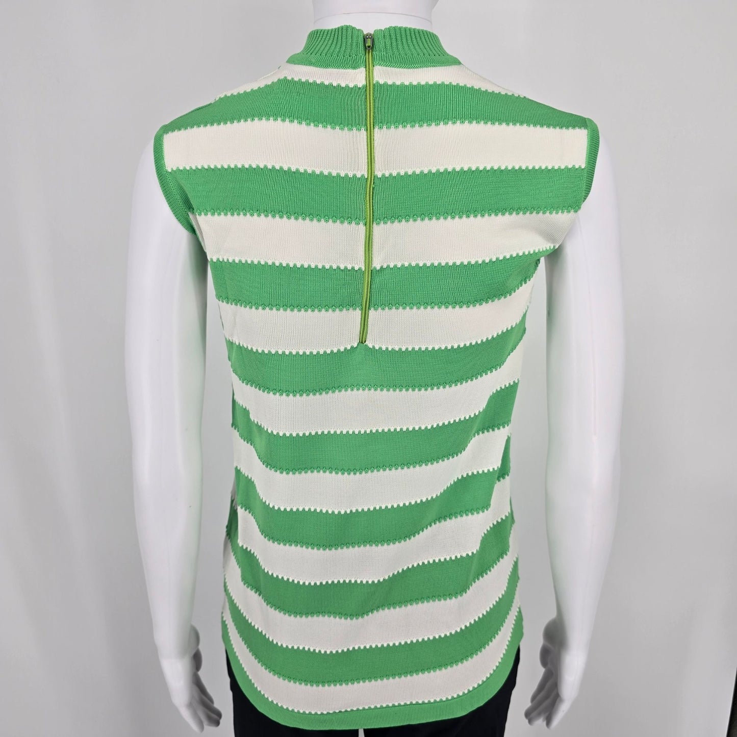 Vintage 1960s Hooper Associates Knit Green/White Striped Sleeveless Shell (S)