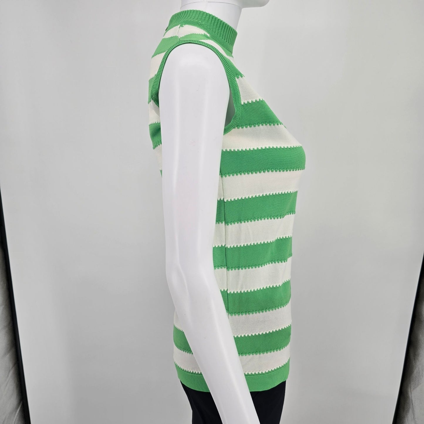 Vintage 1960s Hooper Associates Knit Green/White Striped Sleeveless Shell (S)