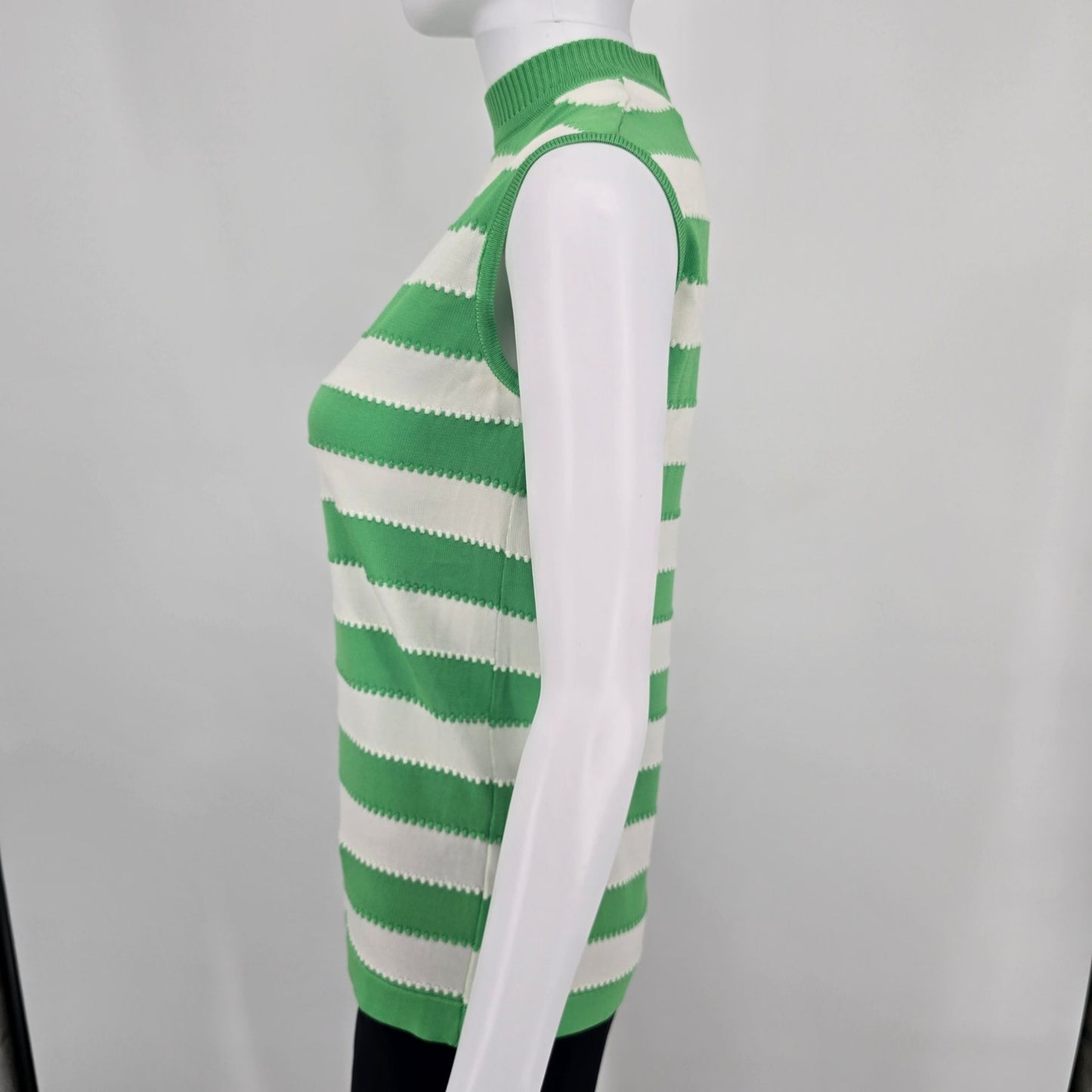 Vintage 1960s Hooper Associates Knit Green/White Striped Sleeveless Shell (S)