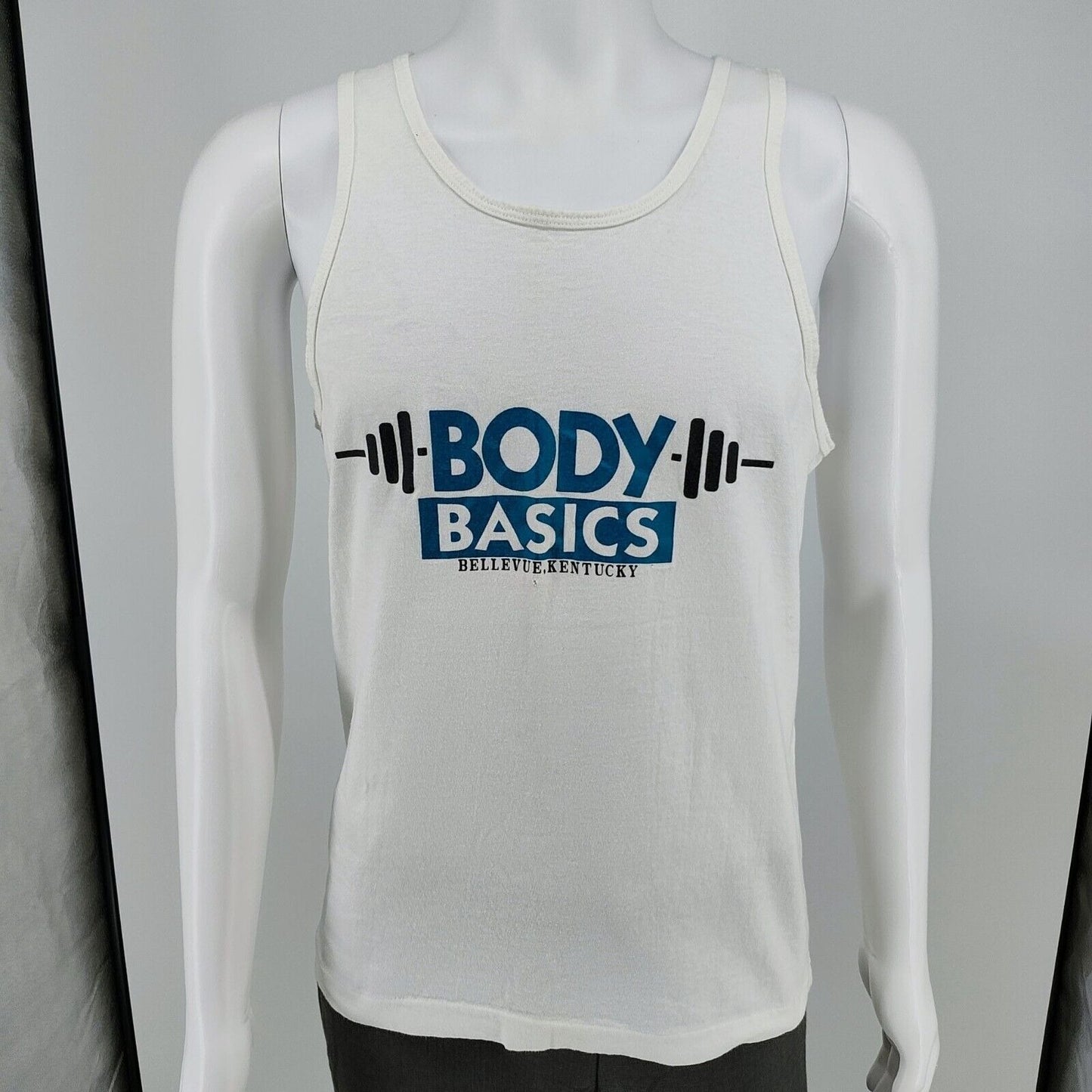 Vintage 1990s Made in USA "Body Basics Bellevue, Kentucky" White Tank Top (M)