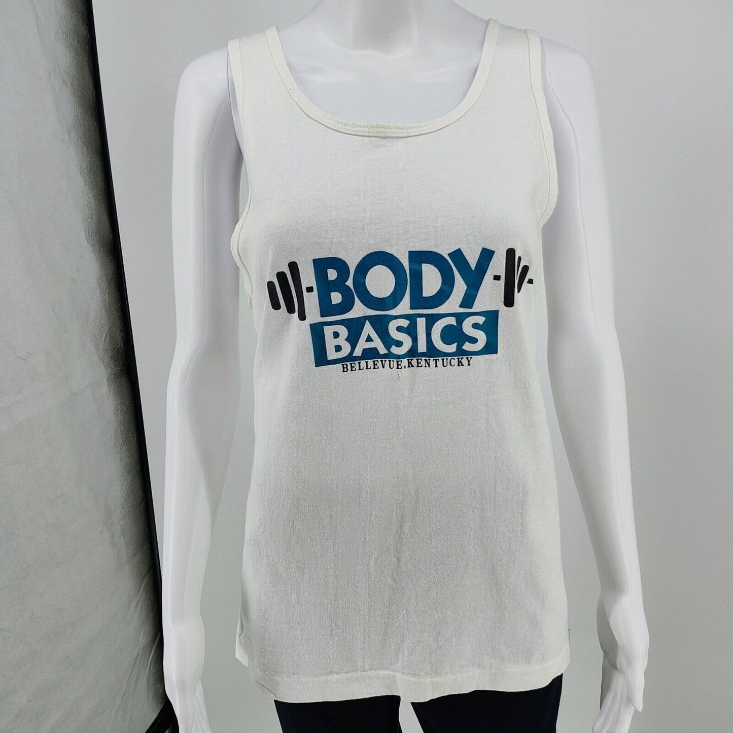 Vintage 1990s Made in USA "Body Basics Bellevue, Kentucky" White Tank Top (M)