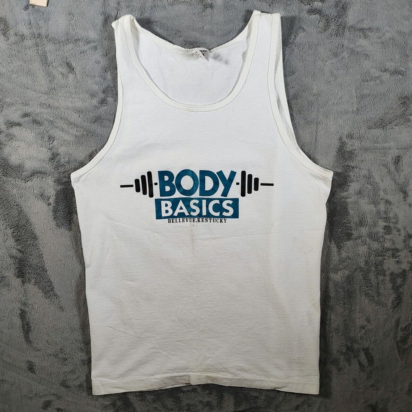 Vintage 1990s Made in USA "Body Basics Bellevue, Kentucky" White Tank Top (M)