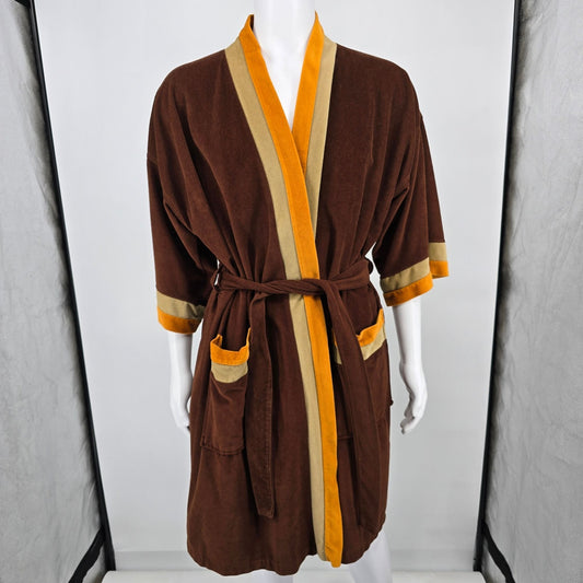 Vintage 1970s Weldon Brown/Gold/Tan Arnel Blend Lounge/Smoking Robe (OSFA)