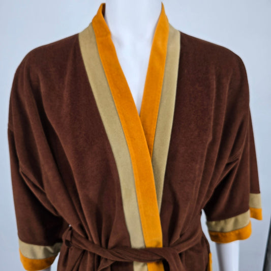 Vintage 1970s Weldon Brown/Gold/Tan Arnel Blend Lounge/Smoking Robe (OSFA)