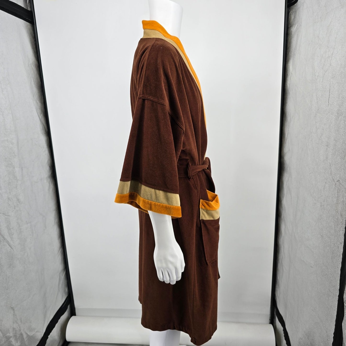 Vintage 1970s Weldon Brown/Gold/Tan Arnel Blend Lounge/Smoking Robe (OSFA)
