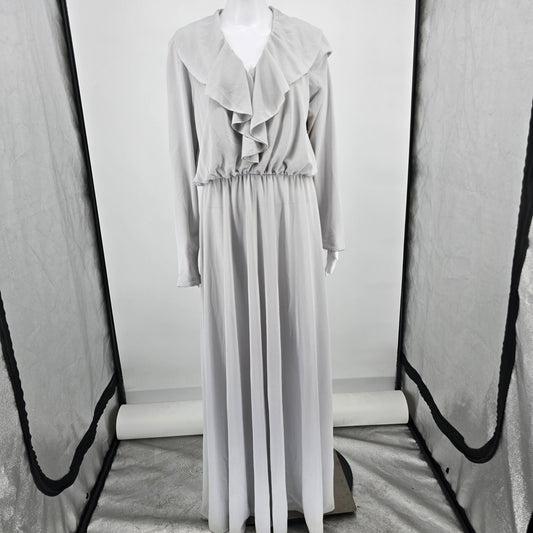 Vintage 1970s Gray Ruffle Collar Long Sleeve Hostess/Evening Maxi Dress (L)