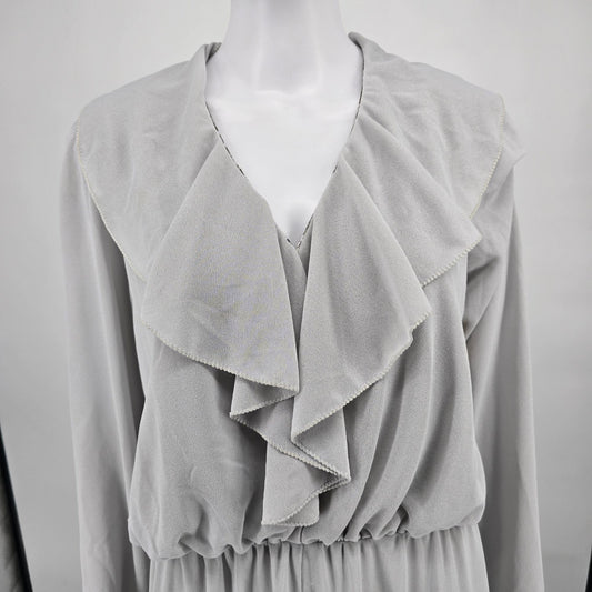 Vintage 1970s Gray Ruffle Collar Long Sleeve Hostess/Evening Maxi Dress (L)