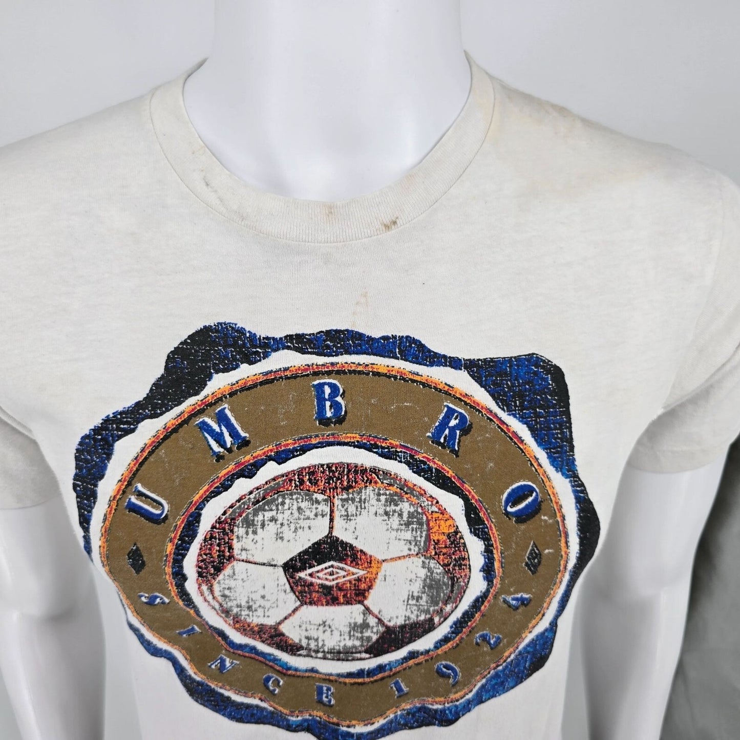 Thrashed Vintage 1990s White "Since 1924" Umbro Soccer T-Shirt (Youth Large)